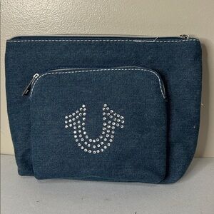 NWT True Religion Denim Blue Jean & Rhinestone Toiletry Case